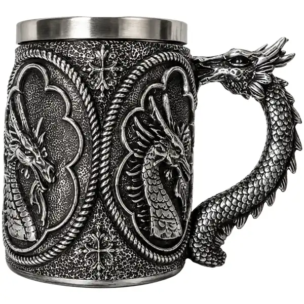 Mug dragón de plata con medallones de dragón en relieve 3D - vista frontal
