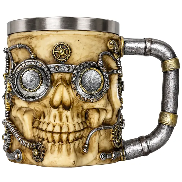 Mug calavera steampunk con gafas de aviador y engranajes en relieve 3D - vista frontal