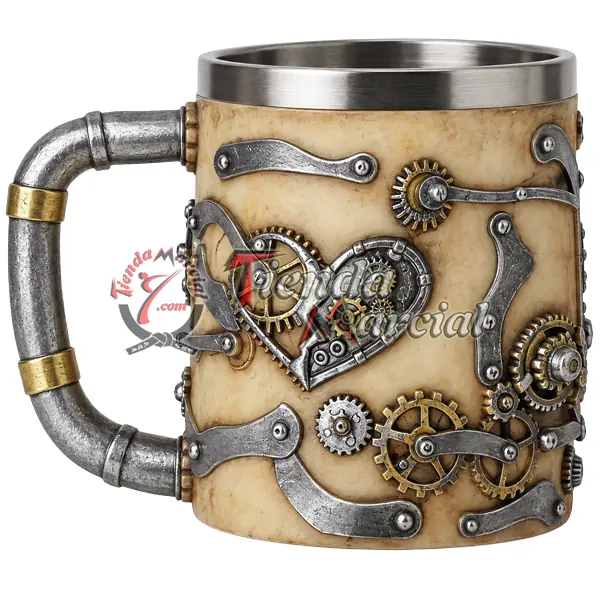 Mug calavera steampunk - vista posterior con corazón mecánico de engranajes