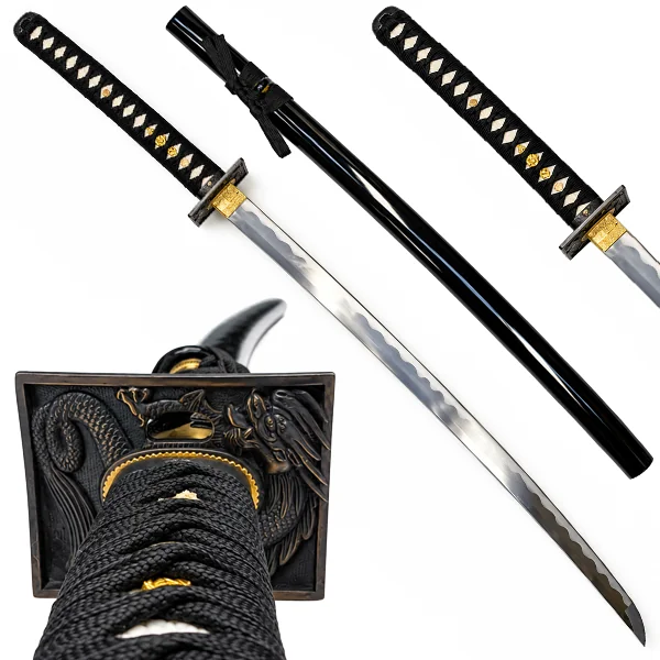 Katana Unryū Funcional 1045 completa con saya negra brillante y tsuba de dragón